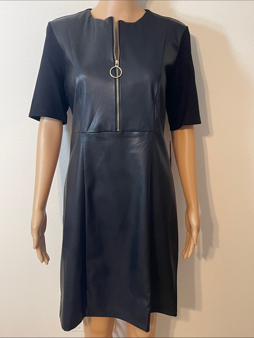 NWT Nanette Lepore Black Vegan Leather Short Sleeve Dress w/Gold Zipper Ring